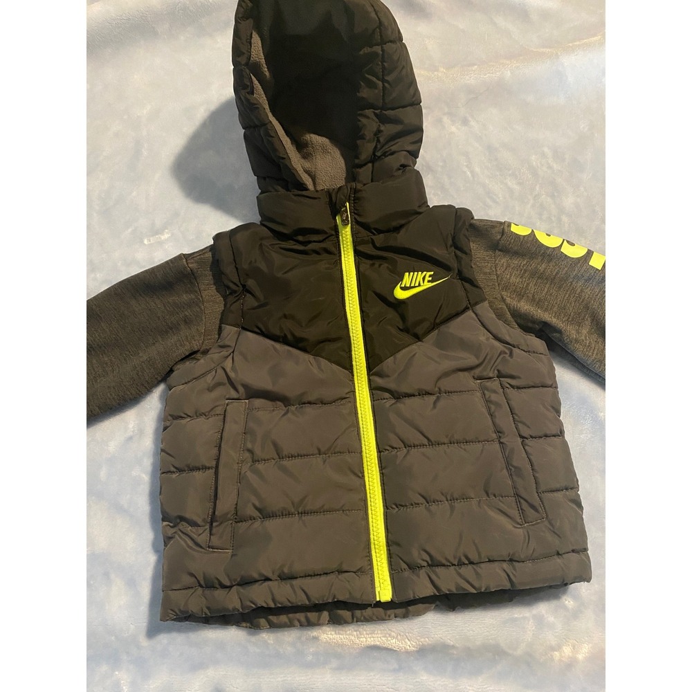 Nike Toddler Boys Puffer Jacket Grey Black Volt Neon 2T  Hooded Coat